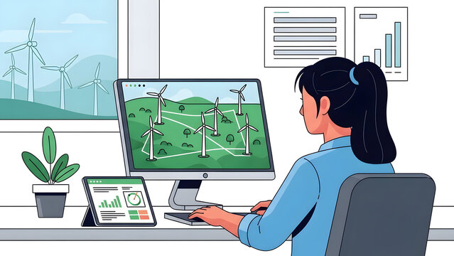 Illustration of a woman working from home, sitting at a desk and analyzing data on a computer screen. The screen displays a map of wind turbines and data. Tablet and other graphs are shown.