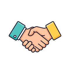 A colorful cartoon icon depicting two hands shaking, one with a teal sleeve and the other yellow, symbolizing agreement, partnership, or a deal on a white background.