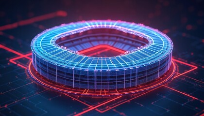 Futuristic neon soccer stadium wireframe design. Digital grid elements create a vibrant, modern architectural concept for sports arenas and tech events. Modern blue and red energy.