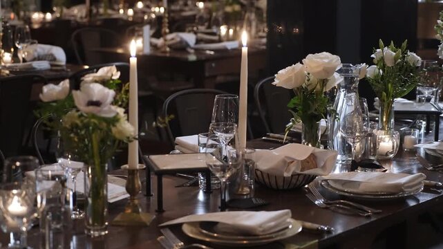 Formal Long Table Dinner In Loft, Event Planner Finalizing Seating, MaTre D Adjusting Candles, Caterer Inspecting Glassware Candlelit