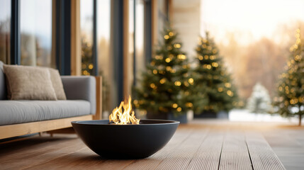 Modern patio with cozy fire pit, surrounded by glowing Christmas trees in a serene winter landscape with soft golden lighting