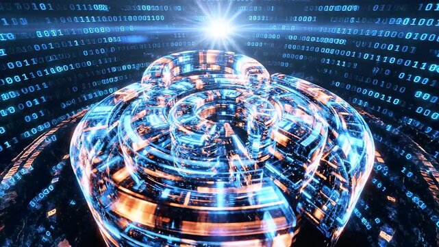 Glowing cyber globe with orbital rings amid streaming binary and neon circuitry, futuristic data hub