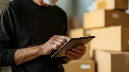 Close up of an elderly male worker operating a tablet among cardboard boxes in a warehouse. Digital technology streamlines inventory control and enhances productivity in supply chain management - Powered by Adobe