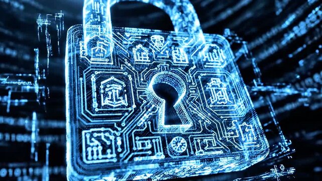 Glowing digital padlock amid streaming binary data and circuitry patterns, symbolizing security now
