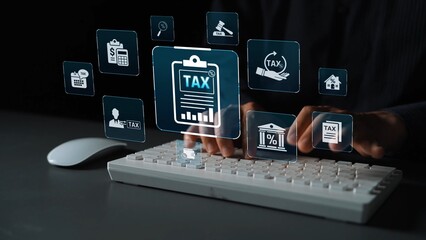 Financial regulation and tax compliance concept showing tax document, VAT, transaction flow, and...