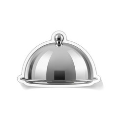 Obraz premium Polished metal food cover rests on a serving plate with a shiny dome top