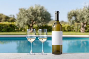 Obraz premium White wine bottle with blank label and two glasses served near the pool with green summer landscape in the background