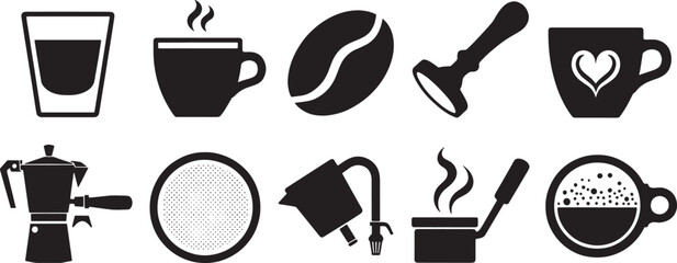 Collection of nine black vector icons related to coffee and espresso preparation
