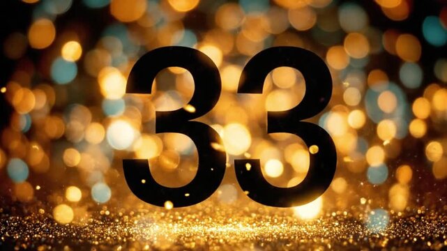 The number thirty-three appears in bold black font against a glamorous and festive background. A cascade of shimmering golden glitter and sparkling particles creates a magical atmosphere, with beautif