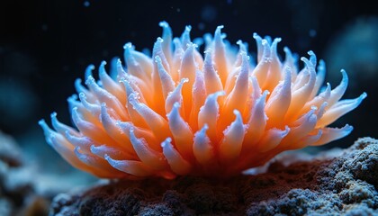 Close up of orange coral with blue tips in dark ocean water. Tentacles sway gently with sea current, showing texture and detail of marine life.
