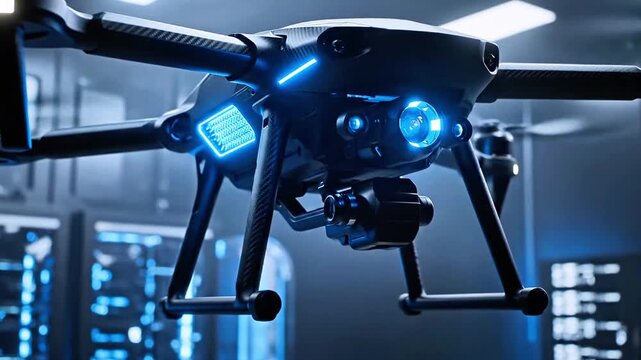 Sleek quadcopter drone with blue LEDs and a camera gimbal, in a neon-lit lab showing code on screens
