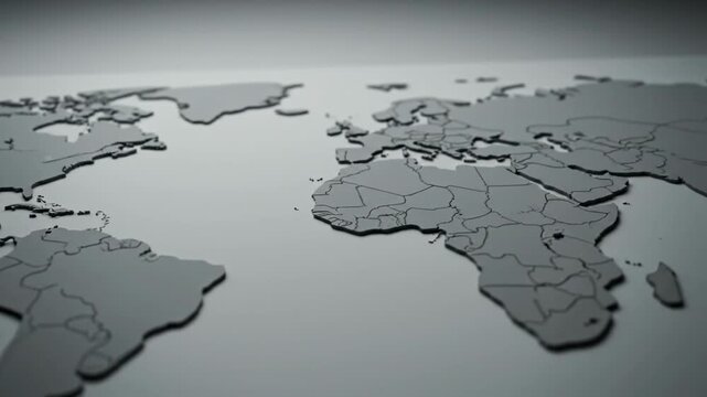 A grayscale 3D illustration of a world map on a flat surface viewed from above globally