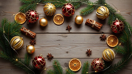 A festive Christmas holiday arrangement with fir branches, gold and red baubles, dried oranges, cinnamon sticks, and star anise on a rustic wooden background.