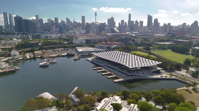 Aerial drone view of the New Sydney Fish Market in the Blackwattle Bay Precinct of Glebe, Sydney NSW, Australia in December 2025    
