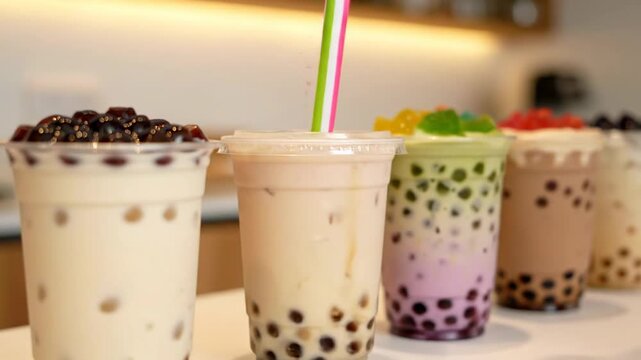 A row of assorted bubble tea drinks with various toppings and colors, served on a white surface, captured from a straight-on viewpoint with a blurred background, similar to vvv (75) presentation.