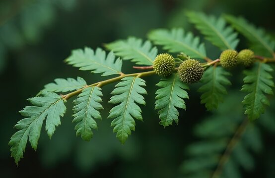 Green alder branch with compound leaves and immature seed clusters. Delicate plant detail shows fresh foliage and nascent fruit on a natural stem.