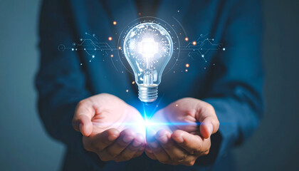Artificial intelligence and innovation concept showing a digital light bulb hologram above human hands, representing smart ideas, technology growth, and future solutions.