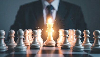 Chess strategy and leadership concept featuring illuminated king on chessboard, representing intelligence, planning, dominance, and strategic thinking.