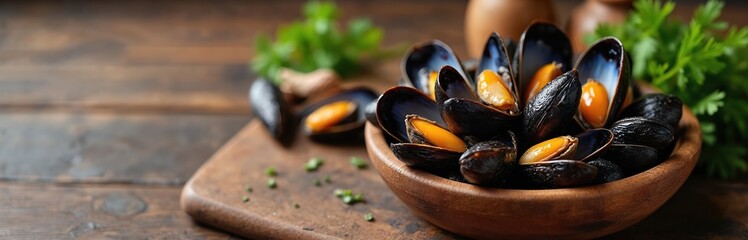Steaming mussels in wooden bowl on rustic table. Rich seafood meal with fresh parsley garnish. Ideal for recipes, menus, and culinary content.