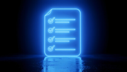Productivity concept with neon checklist icon, symbolizing planning, efficiency, digital workflow, and business organization.