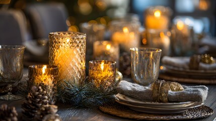 Warm glowing candlelight illuminates a formally set dining table adorned with natural winter decorations