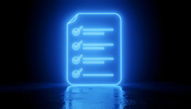 Productivity concept with neon checklist icon, symbolizing planning, efficiency, digital workflow, and business organization.