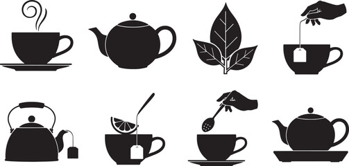Collection of nine black minimalist vector icons depicting tea preparation and enjoyment teapot saucer