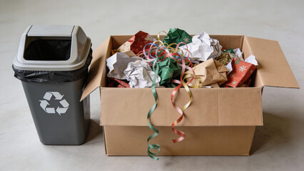 Recycling Box Filled with Wrapping Paper and Ribbons  