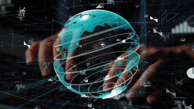 A dynamic representation of a digital globe surrounded by data visualizations, illustrating the connection between technology and information in a modern workspace. Xenic - Powered by Adobe