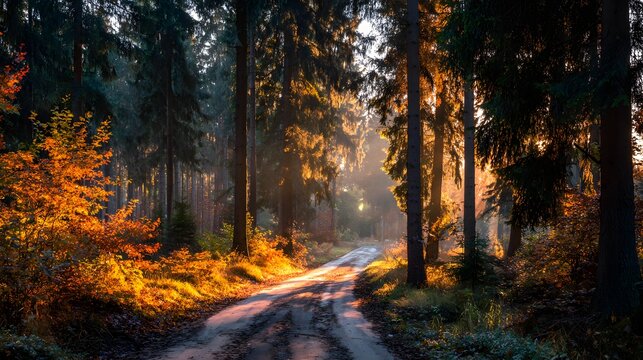 Sunlight streams through tall evergreen trees illuminating a dirt path cutting through a dense forest during autumn - Powered by Adobe