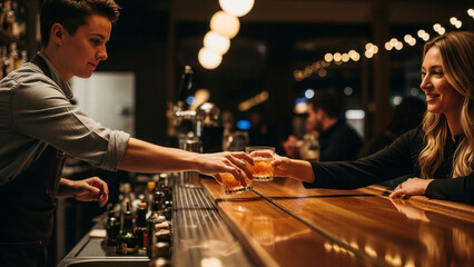 Male bartender serving drinks to smiling woman at bar counter  