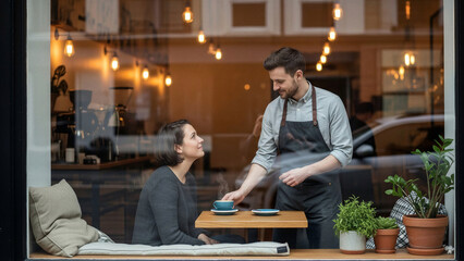 Man serving coffee to woman at cafe table in urban setting - Concept of customer service  