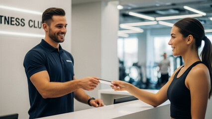 Man assisting woman at fitness club reception desk in modern interior  