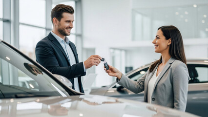 Man handing car keys to woman in dealership setting, concept of customer service  