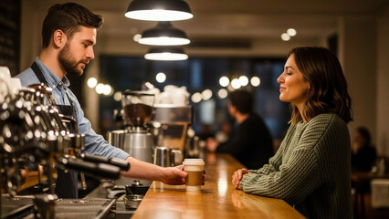 Barista serving coffee to woman at cafe while both are smiling - Concept of customer service  