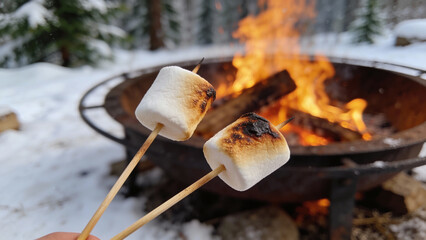 Marshmallows roasting over an outdoor fire in a snowy forest  