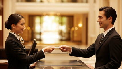 Receptionist handing a card to a guest at a hotel front desk  