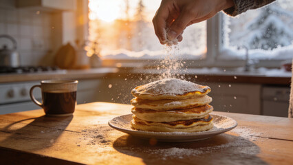 Person sprinkling powdered sugar on stacked pancakes in kitchen  