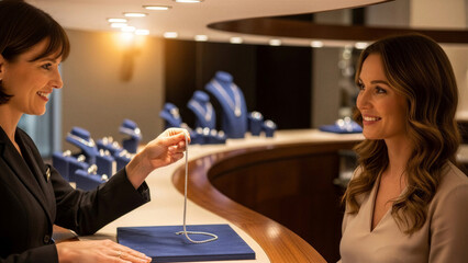 Sales associate showing necklace to smiling customer in jewelry store  