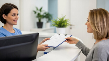 Receptionist assisting woman with form at service desk in office  
