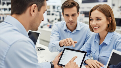 Group of professionals discussing customer service on tablet in store  