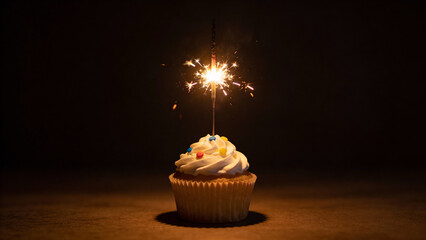 Cupcake with Sparkler Creating Festive Atmosphere in Dark Background  