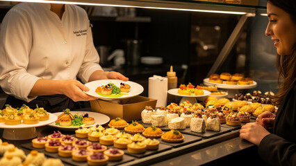 Baker serving delicious pastries to woman in gourmet bakery  