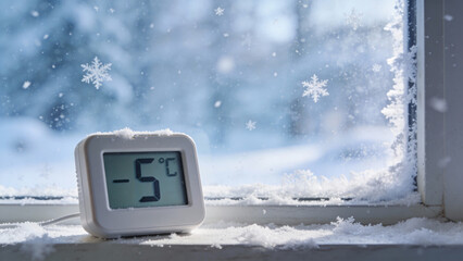 Winter thermometer displaying -5&deg;C with snowflakes outside  