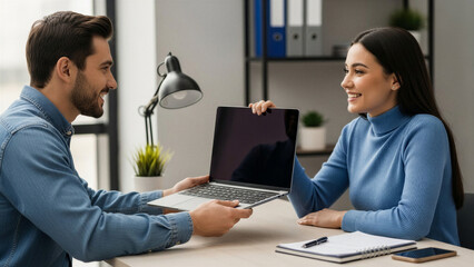 Young man handing laptop to woman while discussing customer service concept  