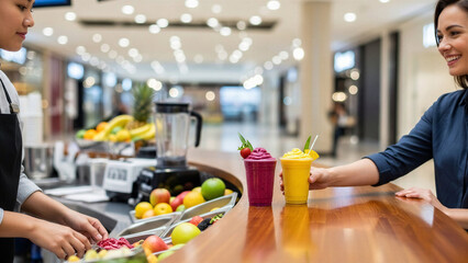 Woman receiving smoothie from barista at juice bar in modern mall  