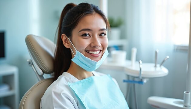 Young asian woman sits in dental chair with mask pulled down smiles confidently after treatment. Patient feels happy with healthy white teeth and good oral hygiene.