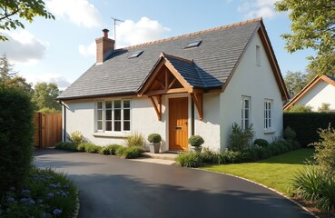White UK bungalow with slate roof and wooden door, large windows, tidy lawn and driveway. Attractive residential property set against blue sky and green trees. Home exterior.