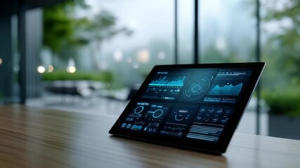 Sleek tablet showcases real time data visualization, charts, graphs in contemporary workspace with large windows. Scene highlights innovation, productivity, digital transformation in business - Powered by Adobe