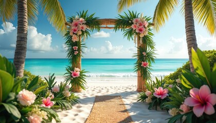 Bamboo wedding arch with flowers on sandy beach overlooking turquoise sea. Palm trees frame tranquil ocean view. Path leads to ceremony site. Lush flora adorns shore. Blue sky with clouds.
